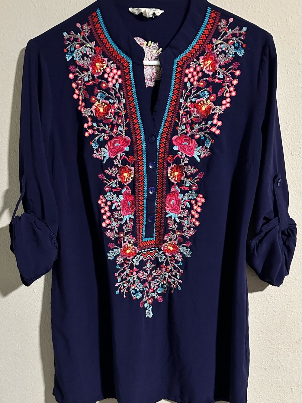 Navy Embroidered V-Neck Tunic with Multicolored Floral Detail